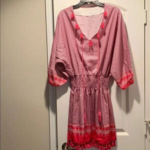 Boho Pink Print Tassel V-Neck Top